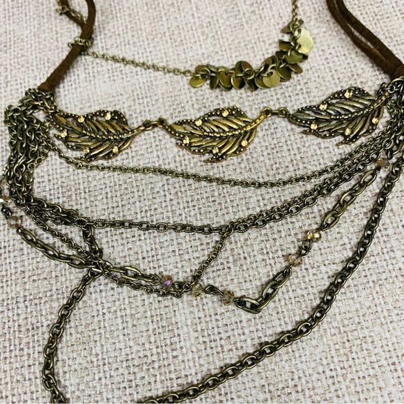 Vegan Leather Antique Gold Muti Strand Chain Leaf Necklace - Picture 2 of 2